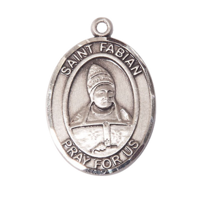 Oval .925 Sterling Silver Saint St. Fabian Medal Pendant on 24 Inch Rhodium Plated Heavy Curb Brass Chain with Lobster Claw clasp, Catholic Religious Necklace - Made in USA- Deluxe Velvet Gift Box