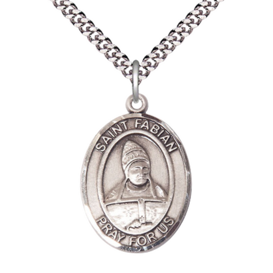 Saint St. Fabian Medal Necklace – Men's .925 Sterling Silver Pendant with 24- Inch Light Rhodium Plated Heavy Curb Chain, Catholic Medal – Velvet Gift Box Included