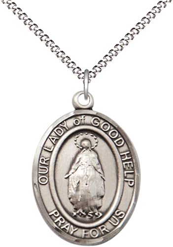 Women's Pewter Our Lady Of Good Help Medal Pendant on 18 Inch Rhodium Plated Lite Curb Brass Chain with Lobster Claw Clasp, Catholic Religious Necklace - Made in USA- Deluxe Velvet Gift Box