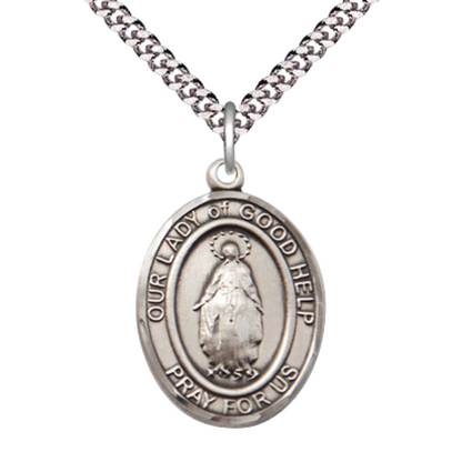 Our Lady of Good Help Medal Necklace – Men's .925 Sterling Silver Pendant with 24- Inch Light Rhodium Plated Heavy Curb Chain, Catholic Medal – Velvet Gift Box Included