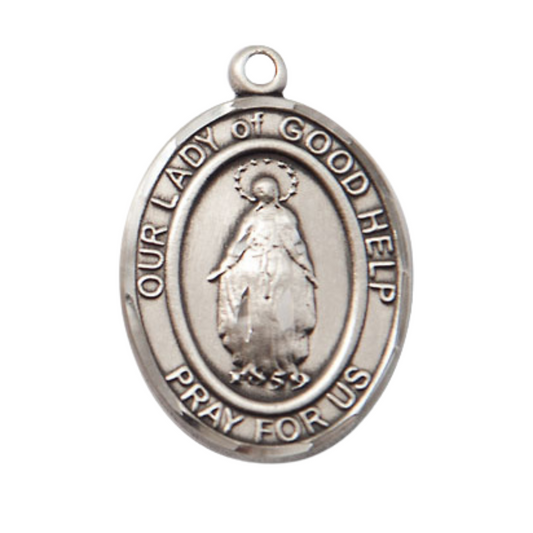 .925 Sterling Silver Our Lady Of Good Help Medal Pendant on 24 inch Rhodium Plated Heavy Curb Brass Chain with Lobster Claw clasp, Catholic Religious Necklace - Made in USA- Deluxe Velvet Gift Box