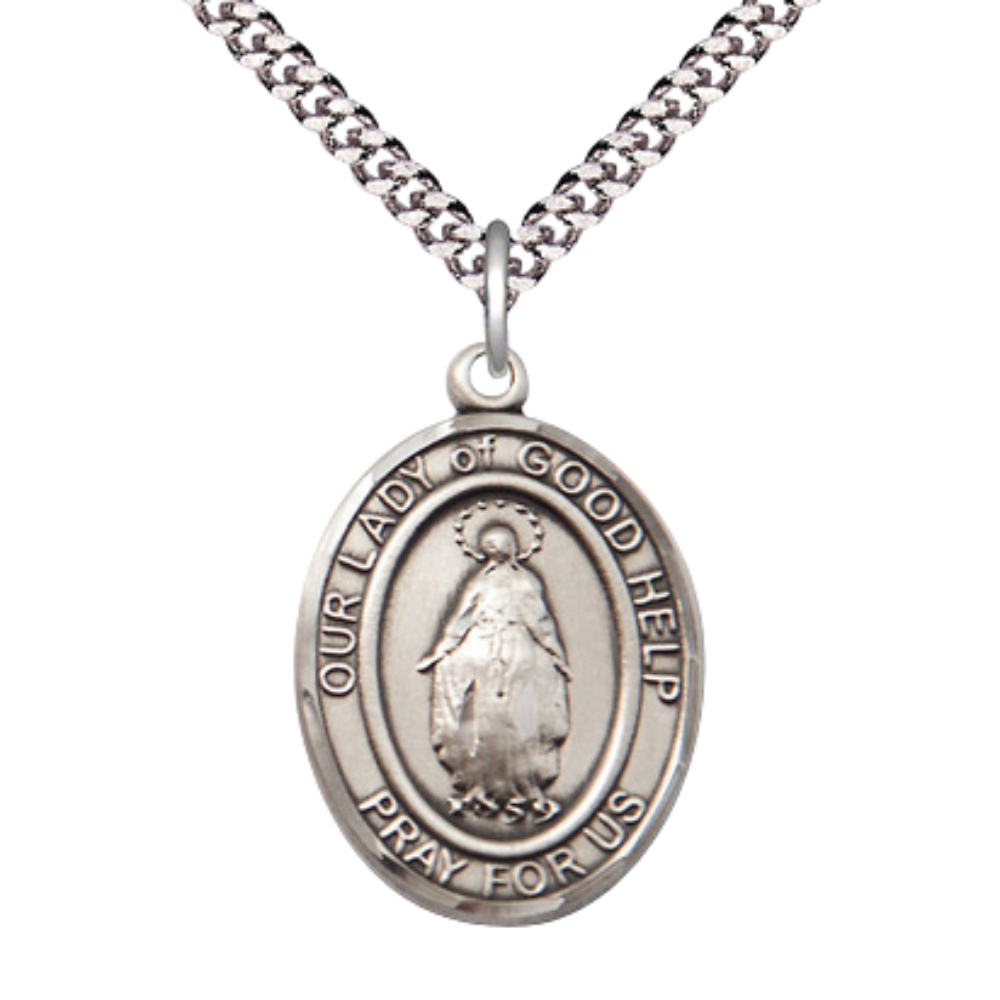 Oval Pewter Our Lady Of Good Help Medal Pendant on 24 inch Rhodium Plated Heavy Curb Brass Chain with Lobster Claw clasp, Catholic Religious Necklace -Made in USA- Deluxe Velvet Gift Box