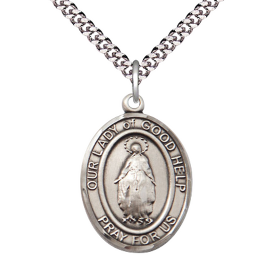 Oval Pewter Our Lady Of Good Help Medal Pendant on 24 inch Rhodium Plated Heavy Curb Brass Chain with Lobster Claw clasp, Catholic Religious Necklace -Made in USA- Deluxe Velvet Gift Box