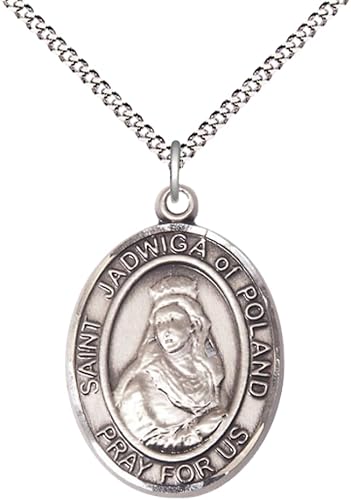 Women's Pewter Saint St. Jadwiga of Poland Medal Pendant on 18 Inch Rhodium Plated Lite Curb Brass Chain with Lobster Claw Clasp, Catholic Religious Necklace - Made in USA- Deluxe Velvet Gift Box