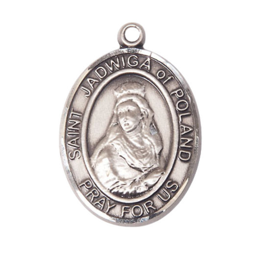 .925 Sterling Silver Saint St. Jadwiga of Poland Medal Pendant on 24 Inch Rhodium Plated Heavy Curb Brass Chain with Lobster Claw clasp, Catholic Religious Necklace - Made in USA- Deluxe Velvet Gift Box
