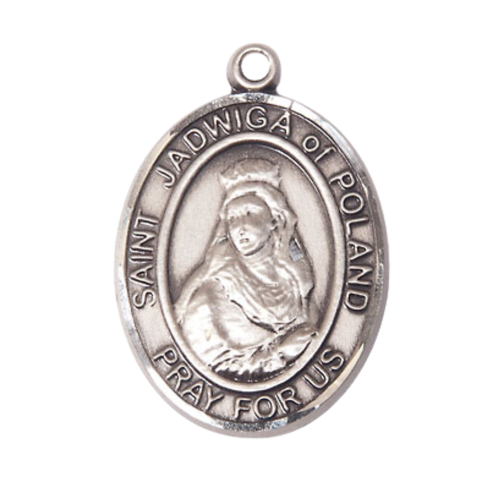 Saint St. Jadwiga of Poland Medal Necklace – Pewter Pendant with 24- Inch Light Rhodium Plated Chain – Patron Saint St. of Brides & Difficult Marriages, Catholic Medal – Velvet Gift Box Included