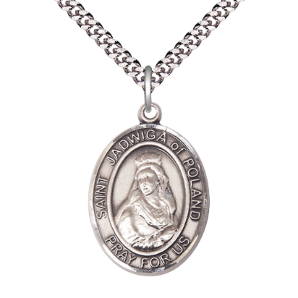 Oval Pewter Saint St. Jadwiga of Poland Medal Pendant on 24 inch Rhodium Plated Heavy Curb Brass Chain with Lobster Claw clasp, Catholic Religious Necklace - Made in USA- Deluxe Velvet Gift Box