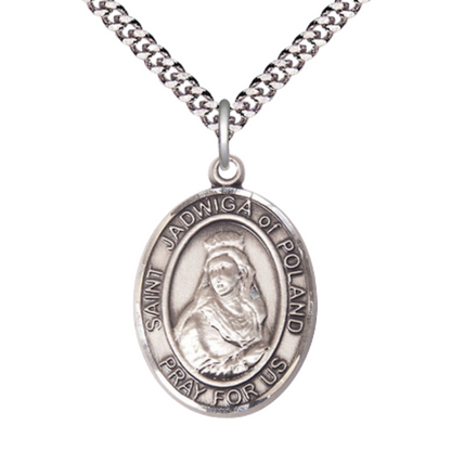 Saint St. Jadwiga of Poland Medal Necklace – Men's .925 Sterling Silver Pendant with 24Inch Light Rhodium Plated Heavy Curb Chain, Catholic Medal – Patron Saint St. of Brides & Difficult Marriages – Velvet Gift Box Included