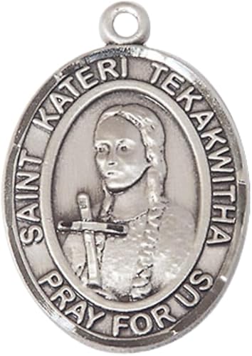 Women's Pewter Saint St. Kateri Tekakwitha Medal Pendant on 18 Inch Rhodium Plated Lite Curb Brass Chain with Lobster Claw Clasp, Catholic Religious Necklace - Made in USA- Deluxe Velvet Gift Box