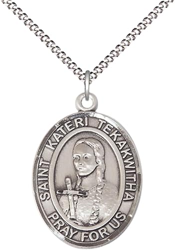 Women's .925 Sterling Silver Saint St. Kateri Tekakwitha Medal Pendant on 18 Inch Rhodium Plated Lite Curb Brass Chain with Lobster Claw Clasp, Catholic Religious Necklace - Made in USA- Velvet Gift Box