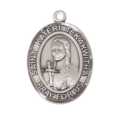 Saint St. Kateri Tekakwitha Medal Necklace – Men's Pewter Pendant with 24 - Inch Light Rhodium Plated Chain – Patron Saint St. of the Environment, Catholic Medal – Velvet Gift Box Included