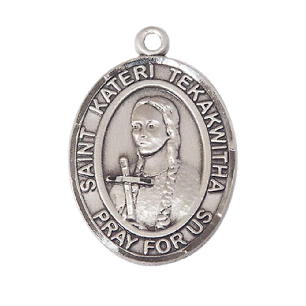 Saint St. Kateri Tekakwitha Medal Necklace – Men's .925 Sterling Silver Pendant with 24- Inch Light Rhodium Plated Heavy Curb Chain – Patron Saint St. of the Environment, Catholic Medal – Velvet Gift Box Included