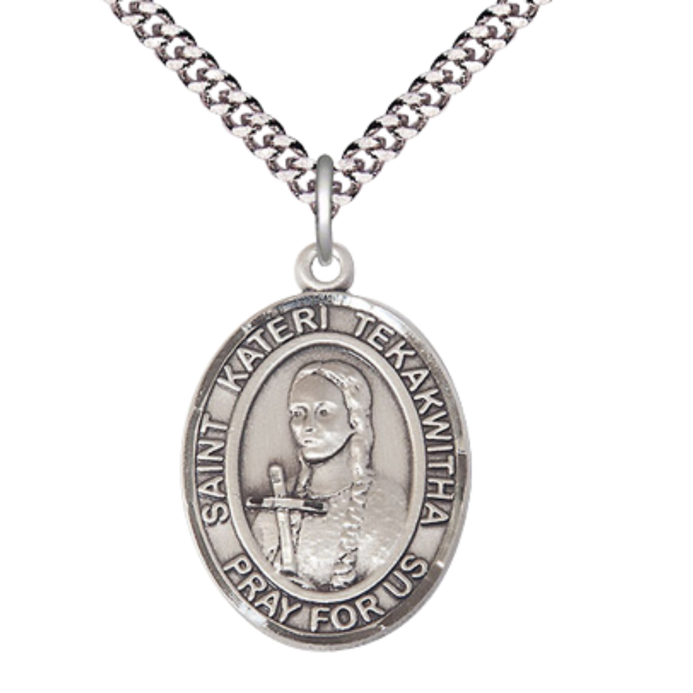 Saint St. Kateri Tekakwitha Medal Necklace – Men's Pewter Pendant with 24 - Inch Light Rhodium Plated Chain – Patron Saint St. of the Environment, Catholic Medal – Velvet Gift Box Included