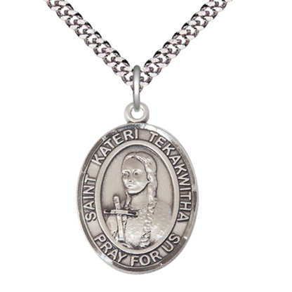 Oval Pewter Saint Kateri Tekakwitha Medal Pendant on 24 inch Rhodium Plated Heavy Curb Brass Chain with Lobster Claw clasp , Catholic Religious Necklace -Made in USA - Deluxe Velvet Gift Box