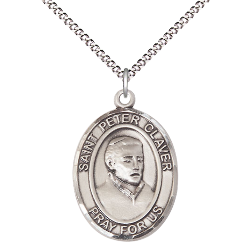 Everlasting Light Jewelry Women's Pewter Patron Saint St. Peter Claver Medal Pendant with 18 Inch Rhodium Plated Lite Curb Brass Chain Catholic Religious Necklace - Made in USA, Deluxe Velvet Gift Box