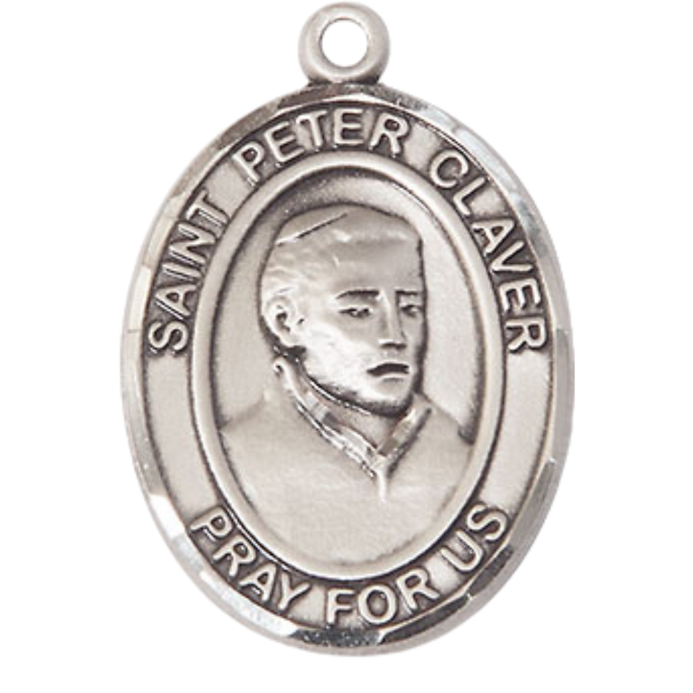 Women's .925 Sterling Silver Patron Saint St. Peter Claver Medal Pendant with 18 Inch Rhodium Plated Lite Curb Brass Chain Catholic Religious Necklace - Made in USA, Deluxe Velvet Gift Box