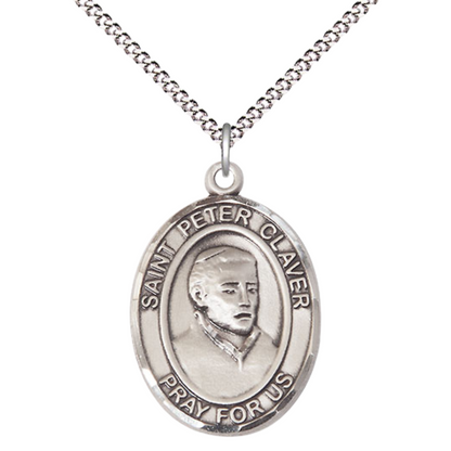 Women's .925 Sterling Silver Patron Saint St. Peter Claver Medal Pendant with 18 Inch Rhodium Plated Lite Curb Brass Chain Catholic Religious Necklace - Made in USA, Deluxe Velvet Gift Box