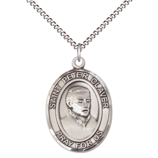 Women's .925 Sterling Silver Patron Saint St. Peter Claver Medal Pendant with 18 Inch Rhodium Plated Lite Curb Brass Chain Catholic Religious Necklace - Made in USA, Deluxe Velvet Gift Box