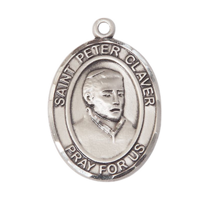1 x 3/4" Oval Pewter Saint St. Peter Claver Medal Pendant on 24 Inch Rhodium Plated Heavy Curb Brass Chain with Lobster Claw clasp, Catholic Religious Necklace - Made in USA - Deluxe Velvet Gift Box