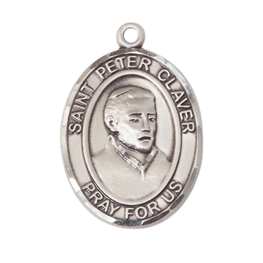 .925 Sterling Silver Saint St. Peter Claver Medal Pendant on 24 Inch Rhodium Plated Heavy Curb Brass Chain with Lobster Claw clasp, Catholic Religious Necklace - Made in USA- Deluxe Velvet Gift Box