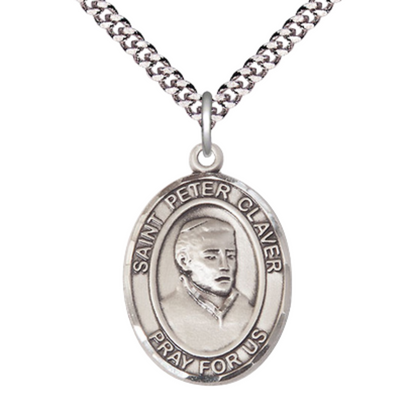 1 x 3/4" Oval Pewter Saint St. Peter Claver Medal Pendant on 24 Inch Rhodium Plated Heavy Curb Brass Chain with Lobster Claw clasp, Catholic Religious Necklace - Made in USA - Deluxe Velvet Gift Box