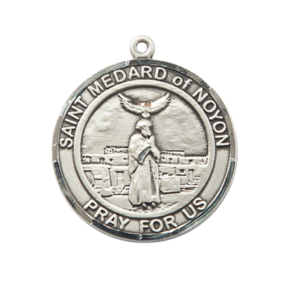 Women's .925 Sterling Silver Saint St. Medard of Noyon Medal Pendant on 18 Inch Rhodium Plated Lite Curb Brass Chain with Lobster Claw Clasp, Catholic Religious Necklace - Made in USA- Velvet Gift Box