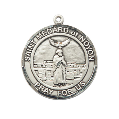 Women's .925 Sterling Silver Saint St. Medard of Noyon Medal Pendant on 18 Inch Rhodium Plated Lite Curb Brass Chain with Lobster Claw Clasp, Catholic Religious Necklace - Made in USA- Velvet Gift Box
