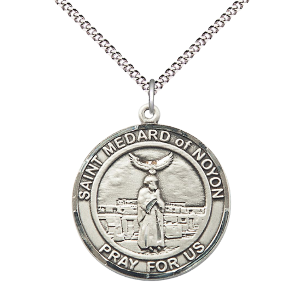 Women's .925 Sterling Silver Saint St. Medard of Noyon Medal Pendant on 18 Inch Rhodium Plated Lite Curb Brass Chain with Lobster Claw Clasp, Catholic Religious Necklace - Made in USA- Velvet Gift Box