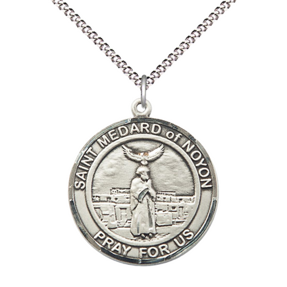 Women's .925 Sterling Silver Saint St. Medard of Noyon Medal Pendant on 18 Inch Rhodium Plated Lite Curb Brass Chain with Lobster Claw Clasp, Catholic Religious Necklace - Made in USA- Velvet Gift Box