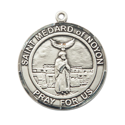 Everlasting Light Jewelry Men's Pewter Saint St. Medard of Noyon Medal Pendant on 24 Inch Endless Rhodium Plated Heavy Curb Chain, Catholic Religious Necklace - Made in USA - Deluxe Velvet Gift Box
