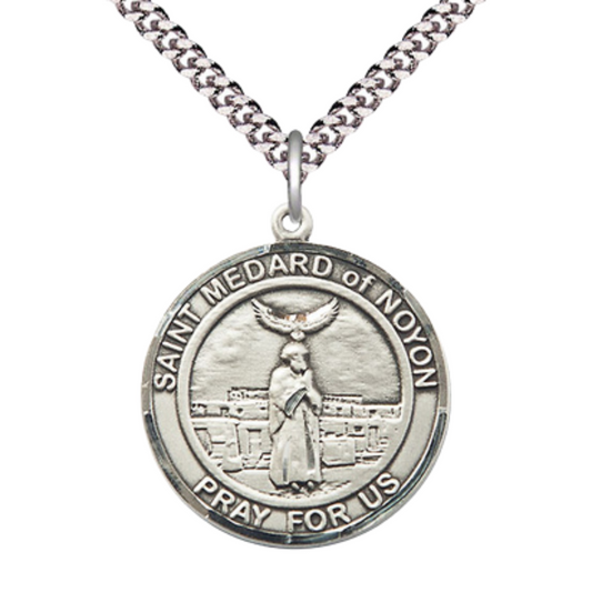 .925 Sterling Silver Saint St. Medard of Noyon Medal Pendant on 24 Inch Rhodium Plated Heavy Curb Brass Chain with Lobster Claw clasp, Catholic Religious Necklace - Made in USA - Deluxe Velvet Gift Box