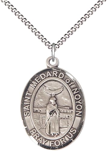 Women's .925 Sterling Silver Saint St. Medard of Noyon Medal Pendant on 18 Inch Rhodium Plated Lite Curb Brass Chain with Lobster Claw Clasp, Catholic Religious Necklace - Made in USA- Velvet Gift Box