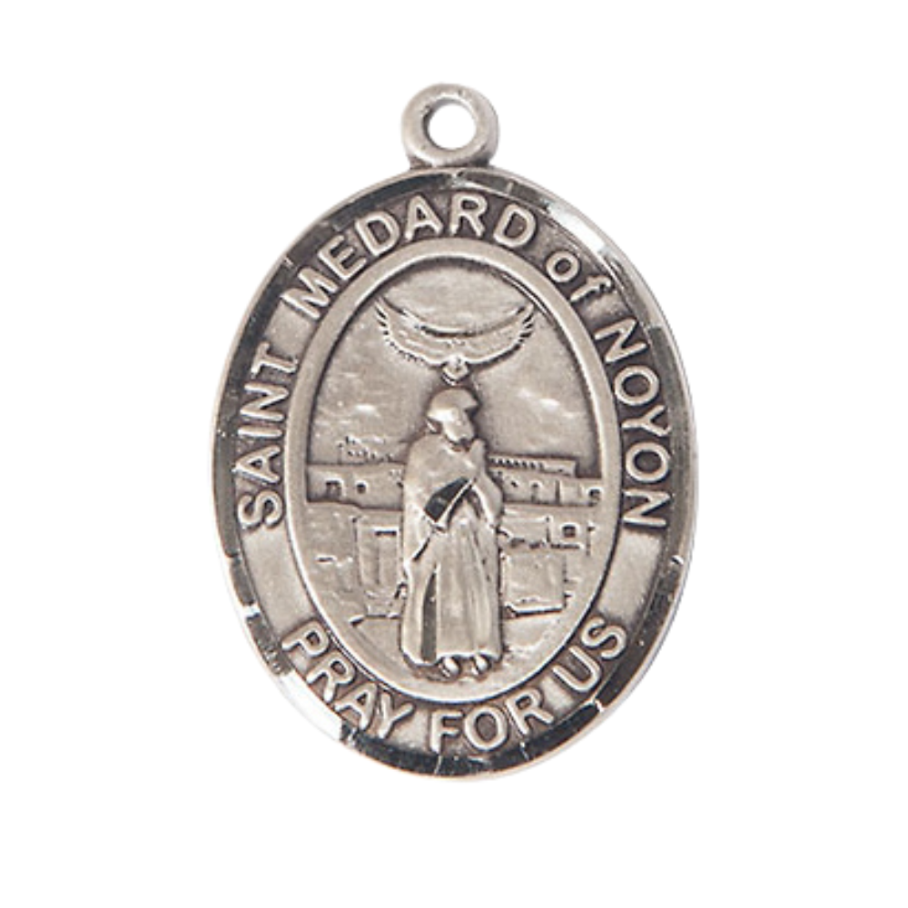 Saint St. Medard of Noyon Medal Necklace – Men's .925 Sterling Silver Pendant with 24- Inch Light Rhodium Plated Heavy Curb Chain – Patron Saint St. of Good Weather, Catholic Medal – Velvet Gift Box Included