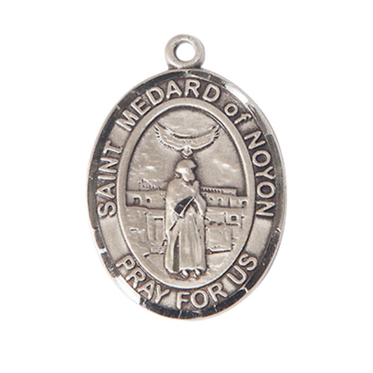 .925 Sterling Silver Saint St. Medard of Noyon Medal Pendant on 24 inch Rhodium Plated Heavy Curb Brass Chain with Lobster Claw clasp, Catholic Religious Necklace - Made in USA- Deluxe Velvet Gift Box