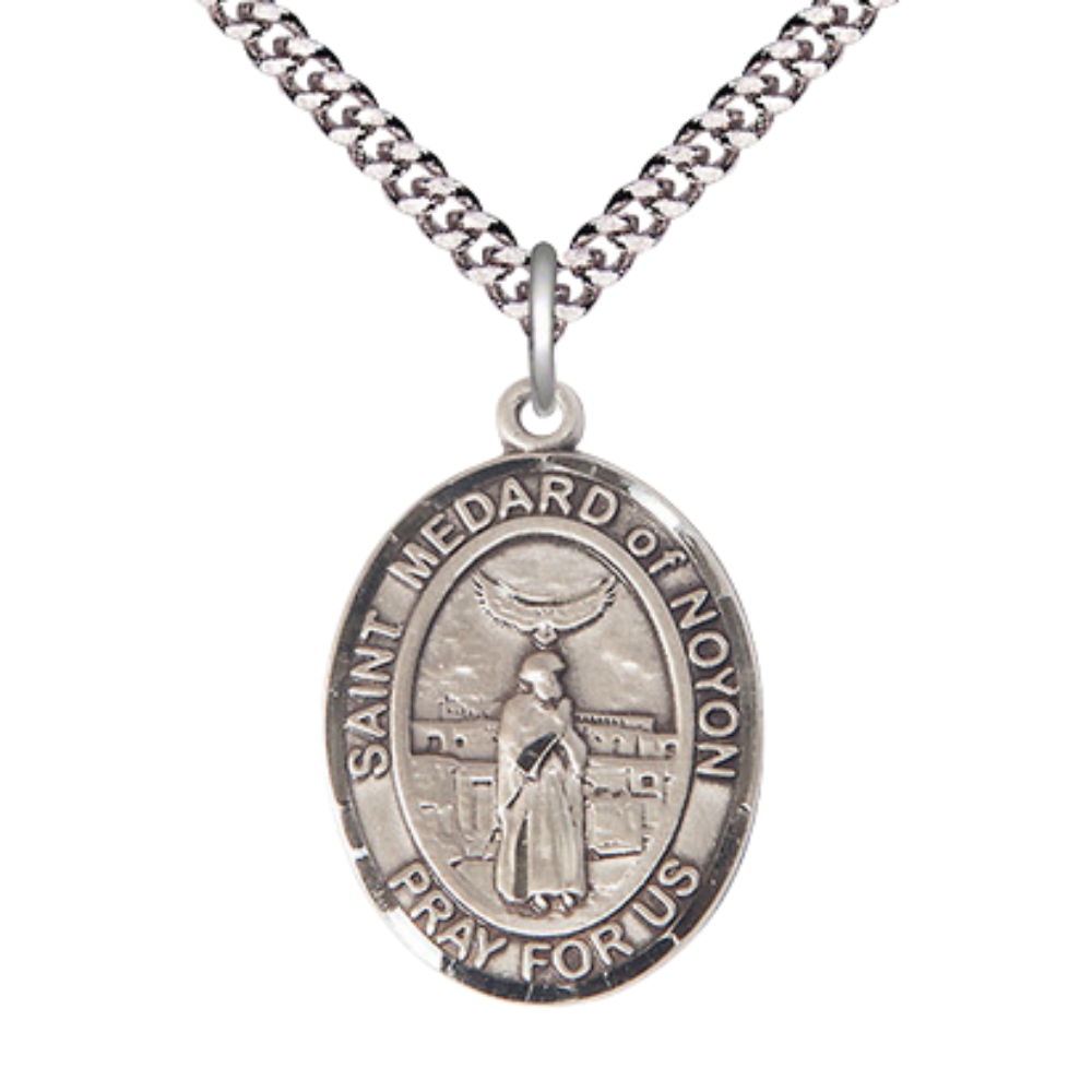 Saint St. Medard of Noyon Medal Necklace – Men's Pewter Pendant with 24 - Inch Light Rhodium Plated Chain – Patron Saint St. of Good Weather, Catholic Medal – Velvet Gift Box Included