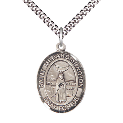 Saint St. Medard of Noyon Medal Necklace – Men's Pewter Pendant with 24 - Inch Light Rhodium Plated Chain – Patron Saint St. of Good Weather, Catholic Medal – Velvet Gift Box Included