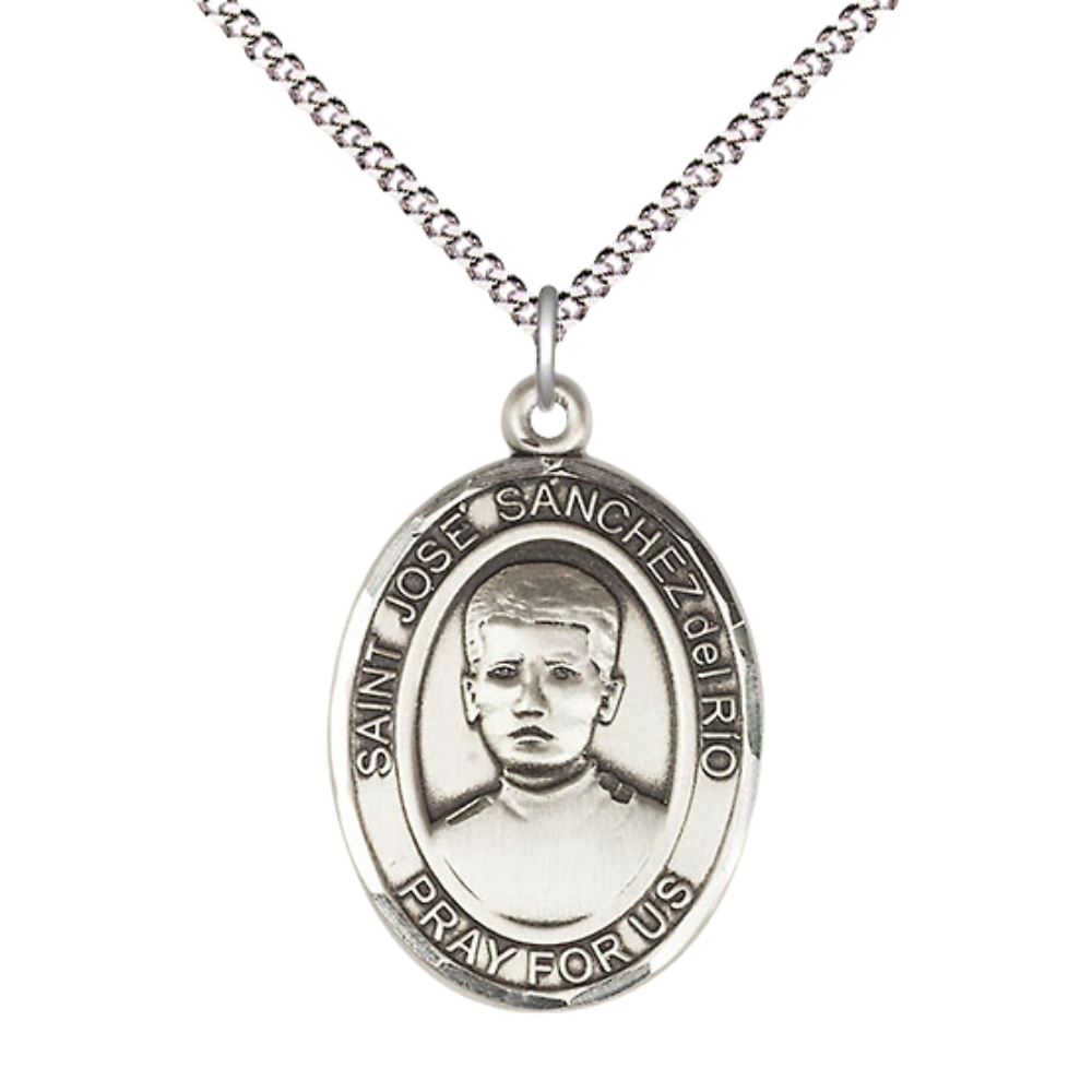 Women's Pewter Patron Saint St. José Sánchez del Río Medal Pendant with 18 Inch Rhodium Plated Lite Curb Brass Chain Catholic Religious Necklace - Made in USA, Deluxe Velvet Gift Box