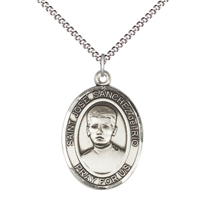 Women's Pewter Patron Saint St. José Sánchez del Río Medal Pendant with 18 Inch Rhodium Plated Lite Curb Brass Chain Catholic Religious Necklace - Made in USA, Deluxe Velvet Gift Box