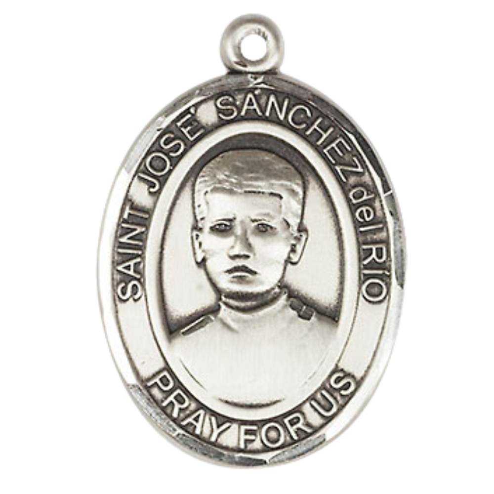 Women's .925 Sterling Silver Patron Saint St. José Sánchez del Río Medal Pendant with 18 Inch Rhodium Plated Lite Curb Brass Chain Catholic Religious Necklace - Made in USA, Deluxe Velvet Gift Box
