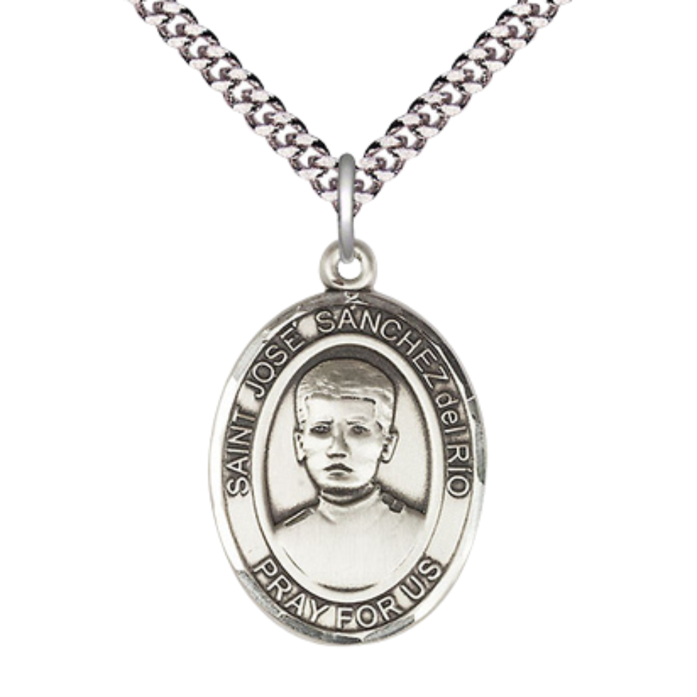 Everlasting Light Jewelry Men's .925 Sterling Silver Oval Patron Saint St.Jose Sanchez del Rio Medal, 24 Inch Rhodium Plated Chain Necklace, Made in USA Catholic Medal, Deluxe Velvet Gift Box Included
