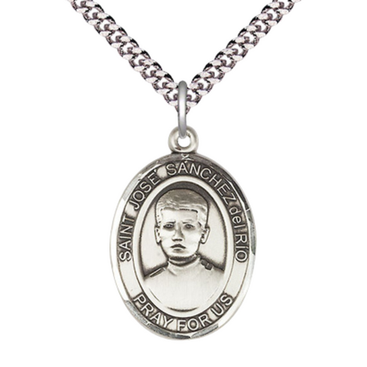 Saint St. José Sánchez del Río Medal Necklace – Men's Pewter Pendant with 24 - Inch Light Rhodium Plated Chain, Catholic Medal – Velvet Gift Box Included