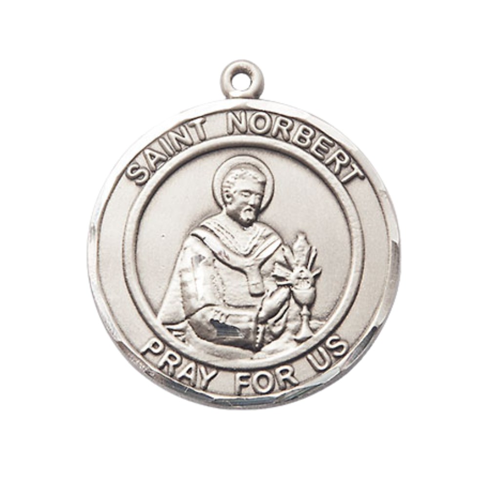 Women's .925 Sterling Silver Saint St. Norbert of Xanten Medal Pendant on 18 Inch Rhodium Plated Lite Curb Brass Chain with Lobster Claw Clasp, Catholic Religious Necklace - Made in USA- Velvet Gift Box