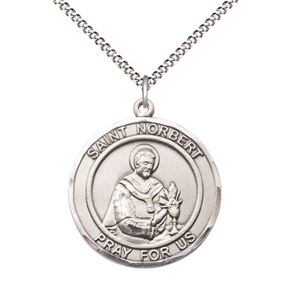 Women's .925 Sterling Silver Saint St. Norbert of Xanten Medal Pendant on 18 Inch Rhodium Plated Lite Curb Brass Chain with Lobster Claw Clasp, Catholic Religious Necklace - Made in USA- Velvet Gift Box