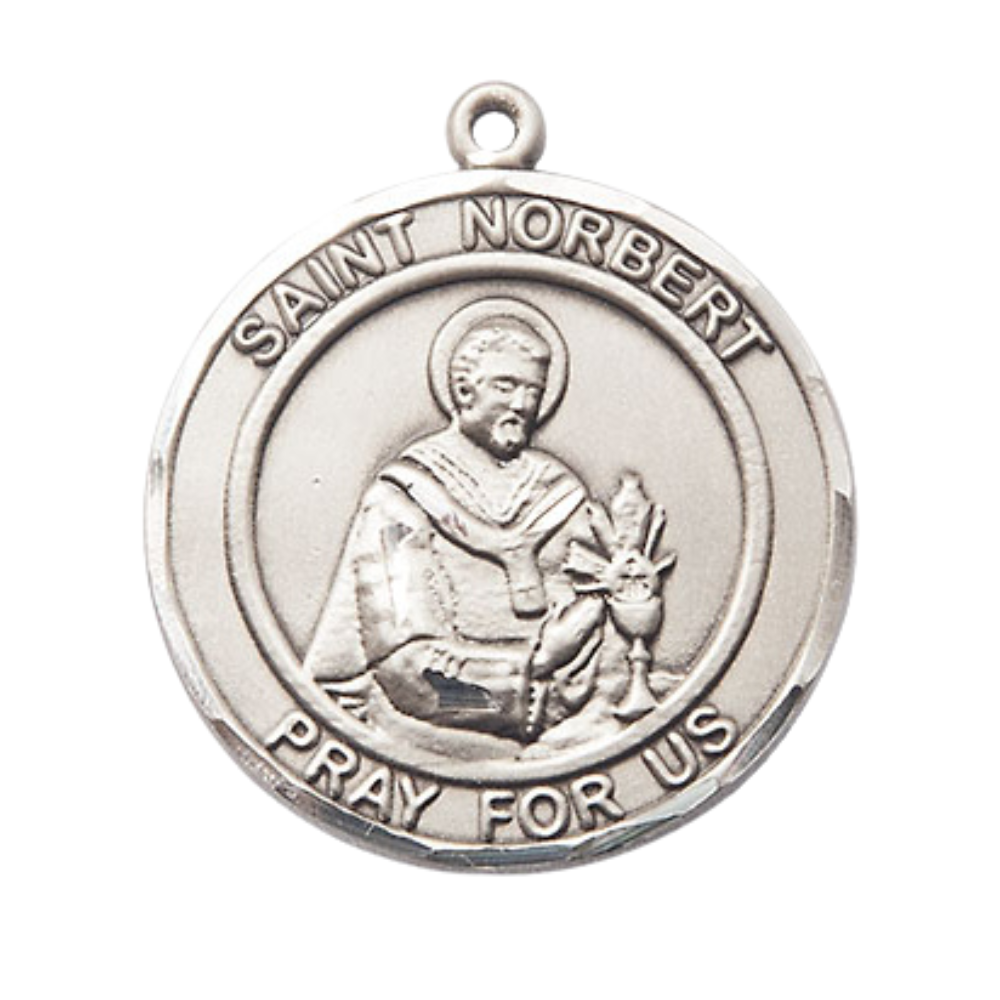 Everlasting Light Jewelry Men's Pewter Saint St. Norbert of Xanten Medal Pendant on 24 Inch Endless Rhodium Plated Heavy Curb Chain, Catholic Religious Necklace - Made in USA - Deluxe Velvet Gift Box