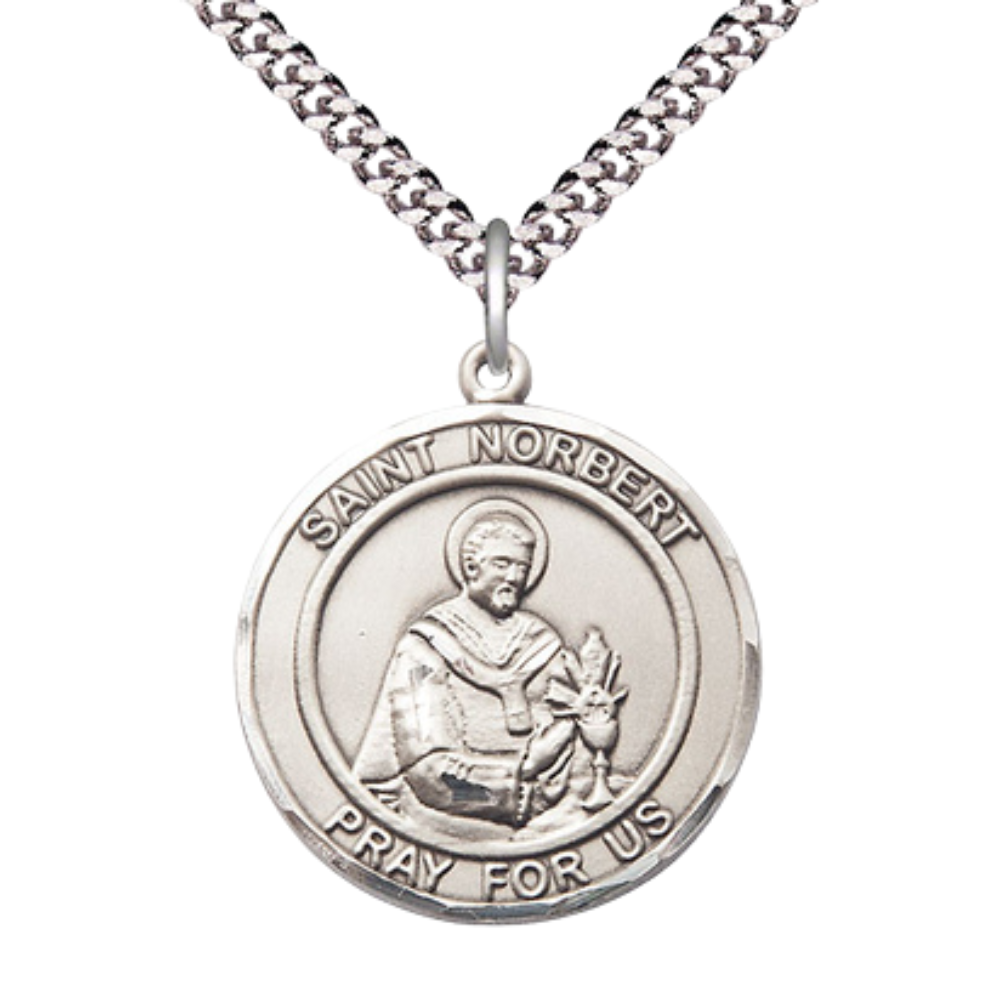 Round Pewter Saint Norbert of Xanten Medal Pendant on 24 inch Rhodium Plated Heavy Curb Brass Chain with Lobster Claw clasp, Catholic Religious Necklace -Made in USA- Deluxe Velvet Gift Box