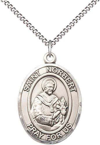 Women's .925 Sterling Silver Saint St. Norbert of Xanten Medal Pendant on 18 Inch Rhodium Plated Lite Curb Brass Chain with Lobster Claw Clasp, Catholic Religious Necklace - Made in USA- Velvet Gift Box