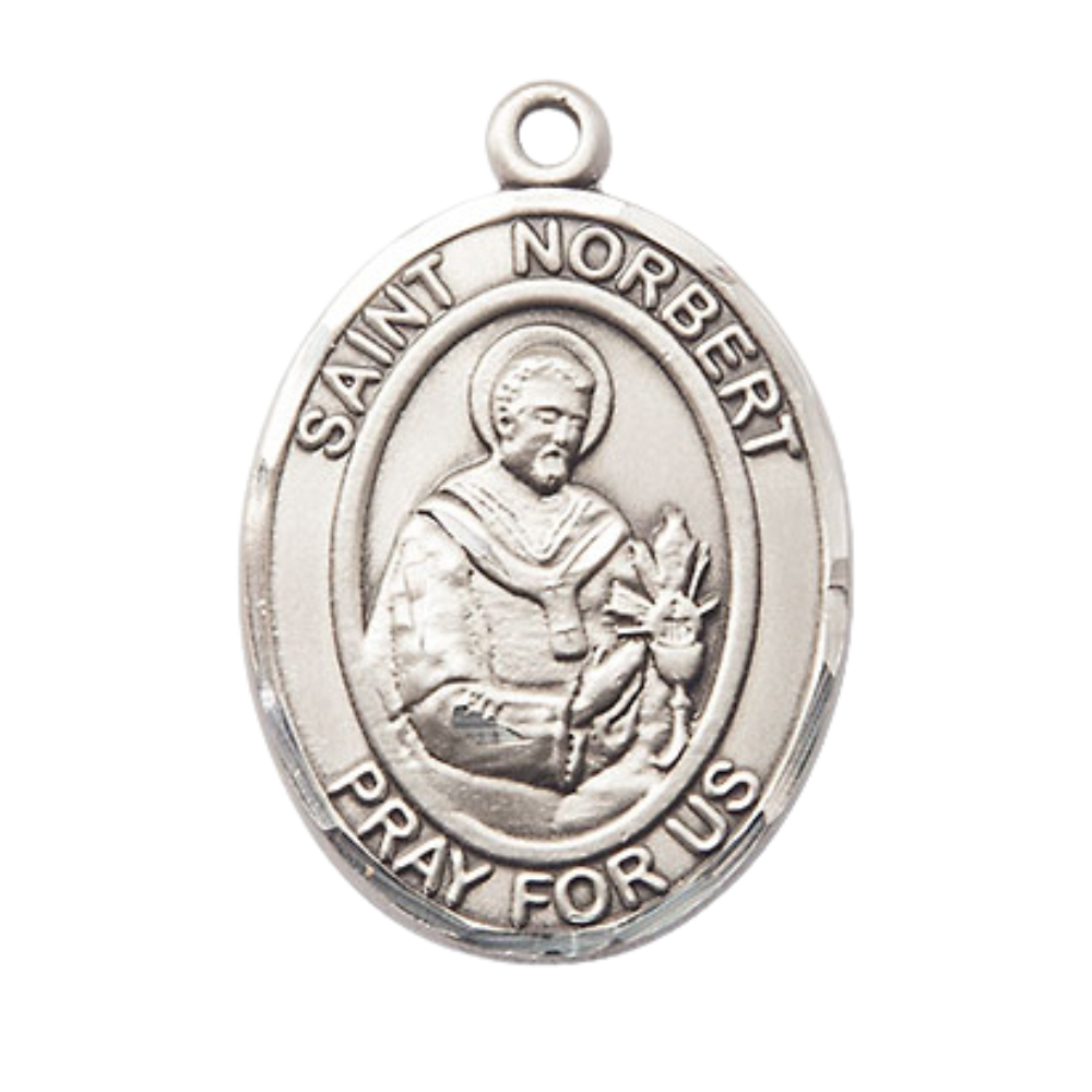 Oval Pewter Saint Norbert of Xanten Medal Pendant on 24 inch Rhodium Plated Heavy Curb Brass Chain with Lobster Claw clasp , Catholic Religious Necklace -Made in USA - Deluxe Velvet Gift Box