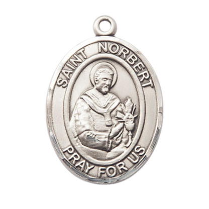 Oval Pewter Saint Norbert of Xanten Medal Pendant on 24 inch Rhodium Plated Heavy Curb Brass Chain with Lobster Claw clasp , Catholic Religious Necklace -Made in USA - Deluxe Velvet Gift Box
