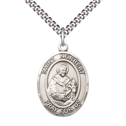 Saint Norbert of Xanten Medal Necklace – Men's Sterling Silver Pendant with 24-Inch Light Rhodium Plated Heavy Curb Chain – Patron Saint of Peace & Bohemia – Velvet Gift Box Included