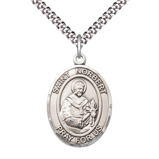 Oval Pewter Saint Norbert of Xanten Medal Pendant on 24 inch Rhodium Plated Heavy Curb Brass Chain with Lobster Claw clasp , Catholic Religious Necklace -Made in USA - Deluxe Velvet Gift Box
